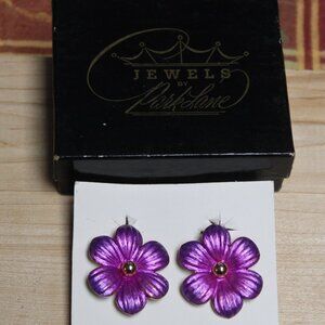 Vintage Park Lane Fuchsia Enamel Flower Floral Clip Earrings with Original Box